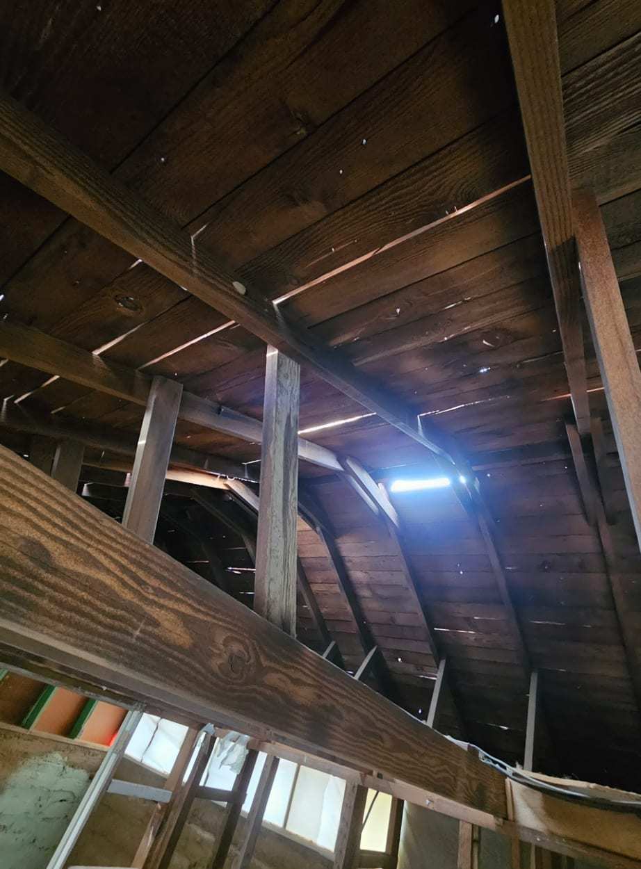 Exposed roof framing and rafters seen from below